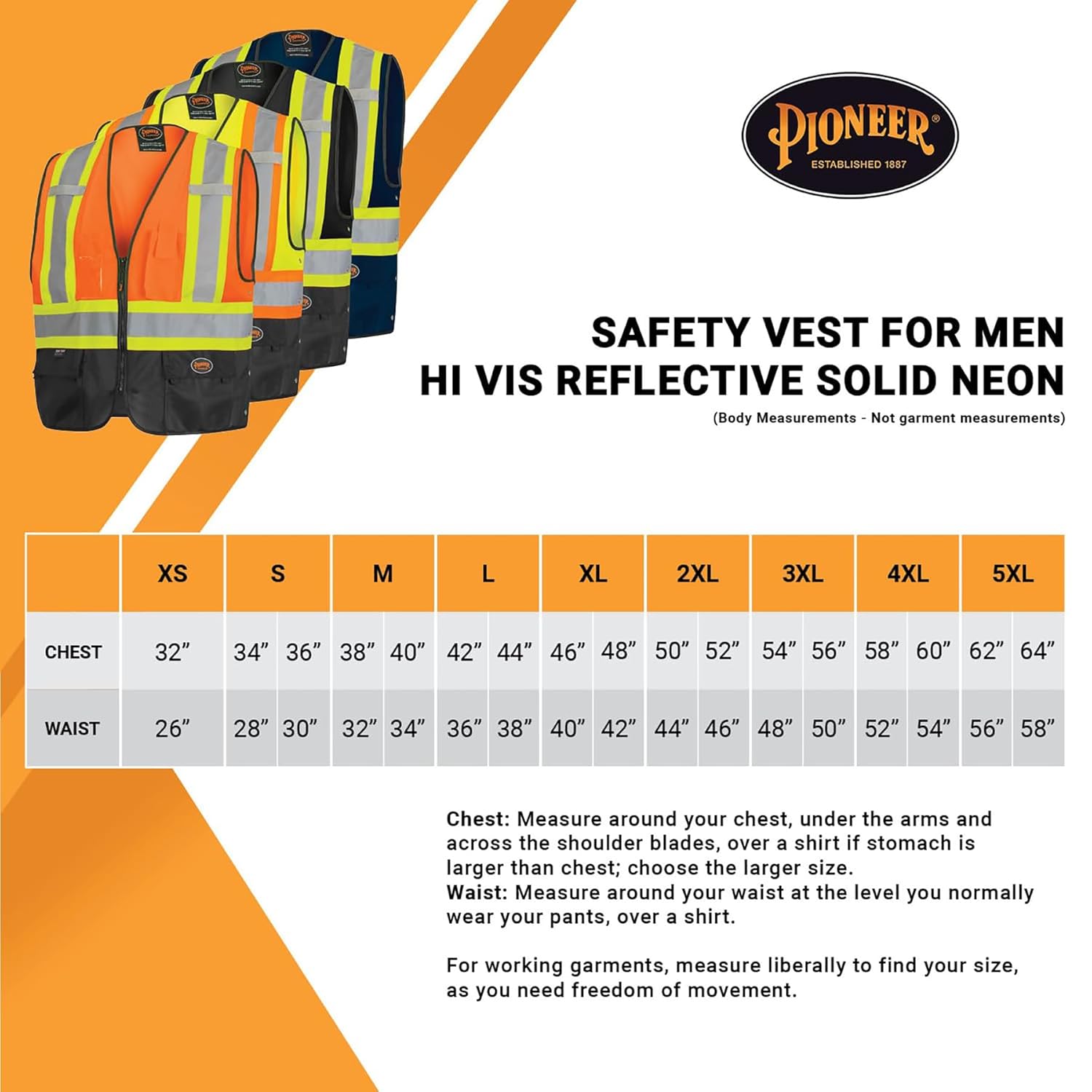 Pioneer Hi-Vis Reflective Safety Vest, Solid Neon, 8 Pockets, Zipper, Adjustable