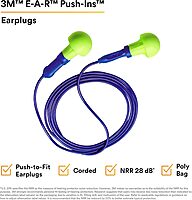 3M E-A-R Push-Ins Earplugs 318-1001, Corded, Poly Bag 100-Pair Yellow/ Blue 100 Pair (Pack of 1)