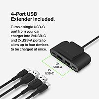 Belkin BoostCharge™ 30W Fast Car Charger, USB-C Power Delivery Port, 4-Port USB Power Extender