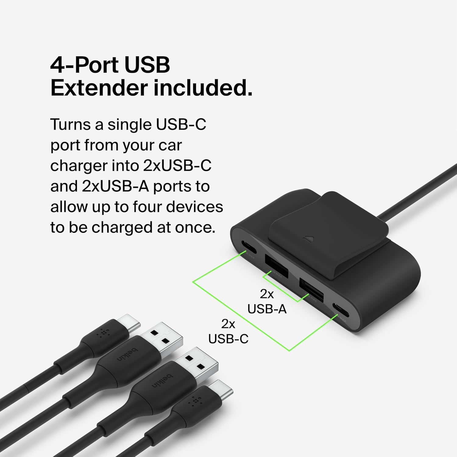 Belkin BoostCharge™ 30W Fast Car Charger, USB-C Power Delivery Port, 4-Port USB Power Extender