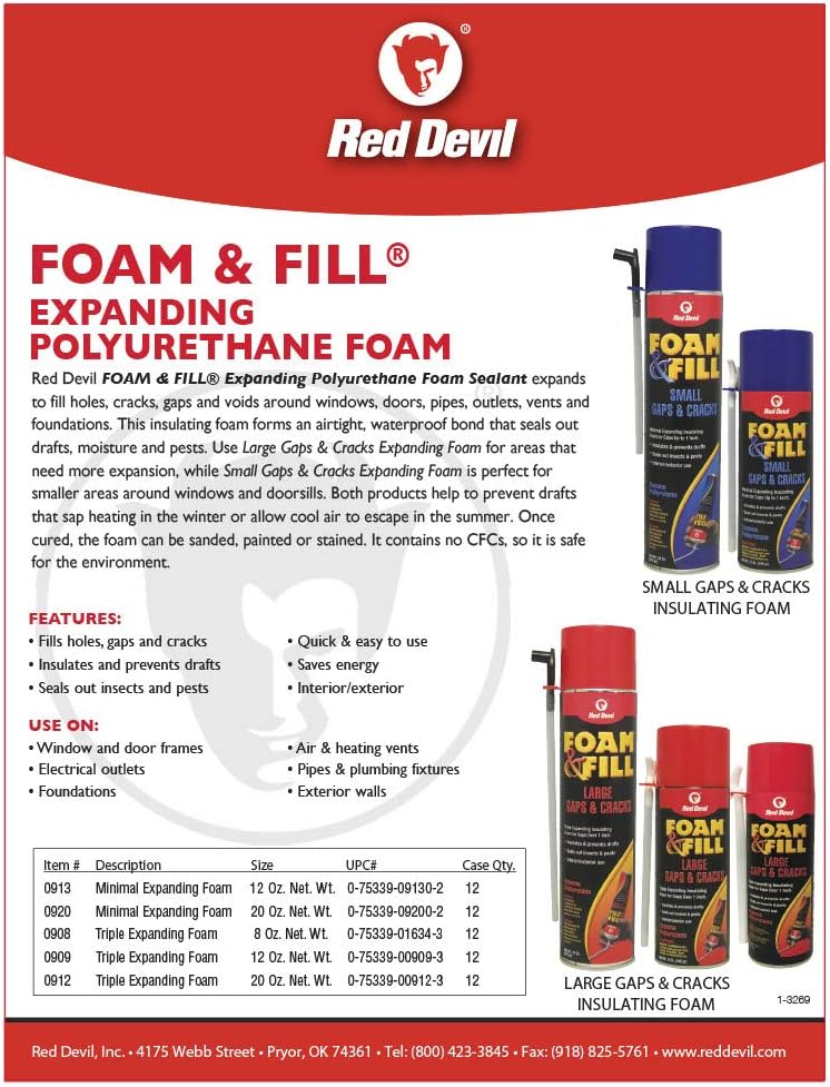 Red Devil 0912 Spray Foam, Fill Large Gaps, Cracks Expanding Insulation Polyurethane Sealant, 20 oz., Off-White