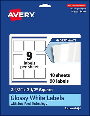 Avery Glossy White Square Labels, Sure Feed Technology, 2.5" x 2.5", 90 Glossy White Labels, Permanent Adhesive