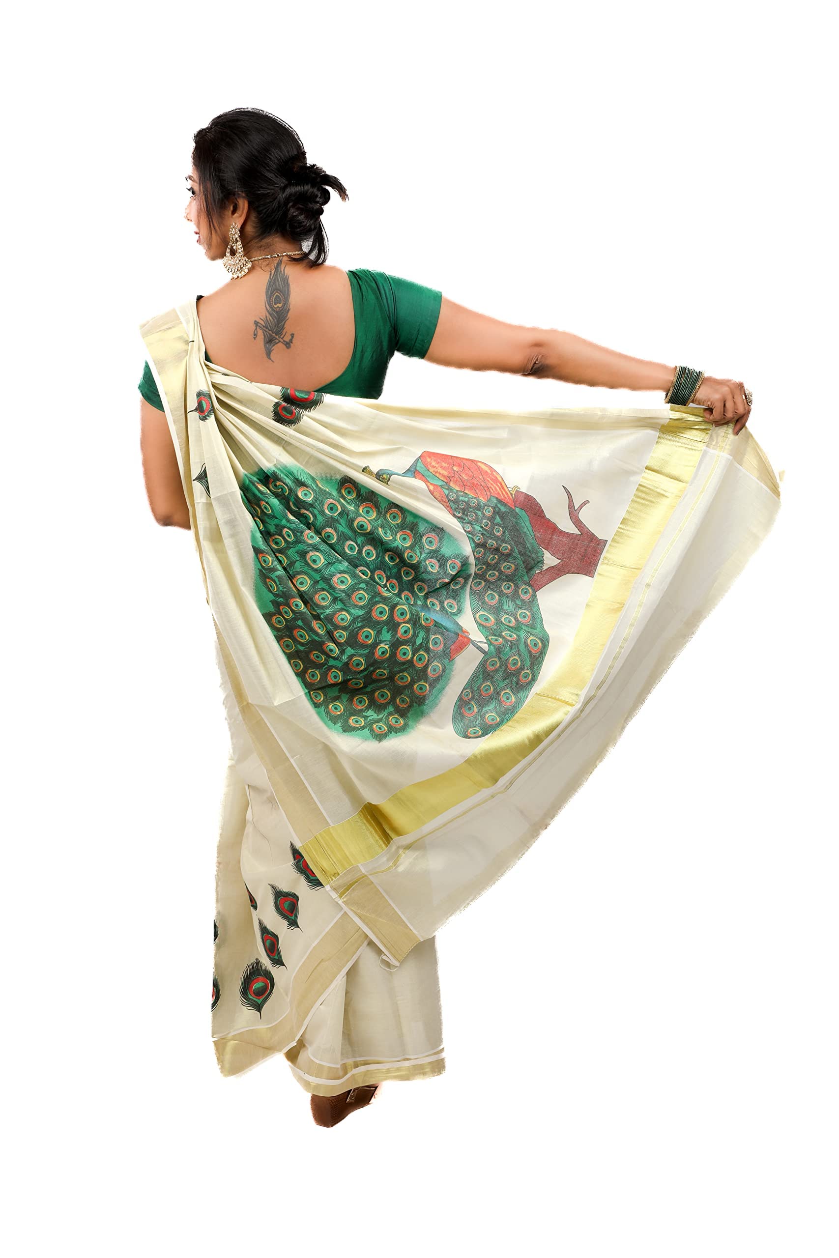 Women's Kuthampully Kerala Kasavu Saree Tissue Mural Painted Peacock with Running Blouse - Multi Color KPSS-758