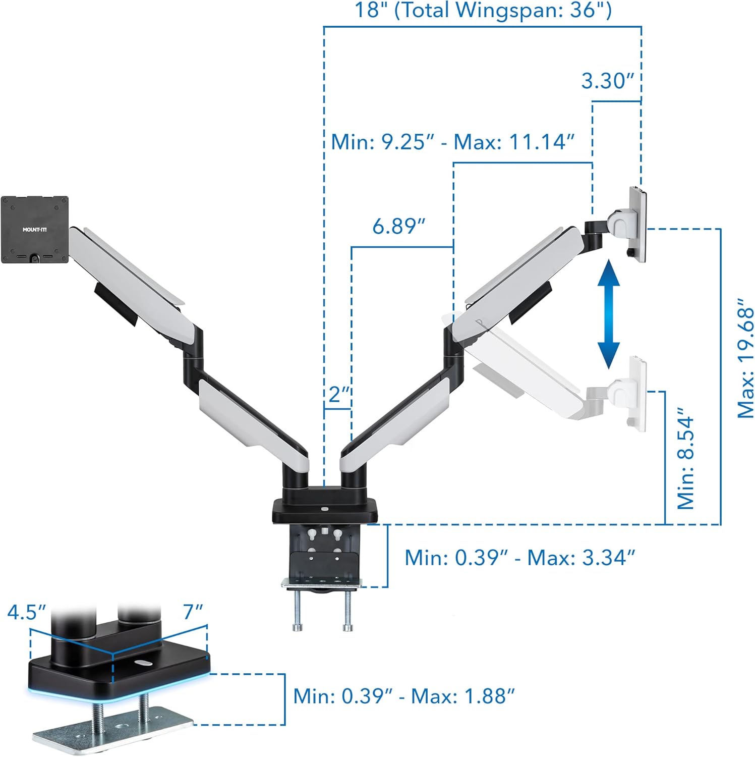 Mount-It! Heavy Duty Dual Monitor Arm up to 35 in. 44 lbs Screens, RGB Lights