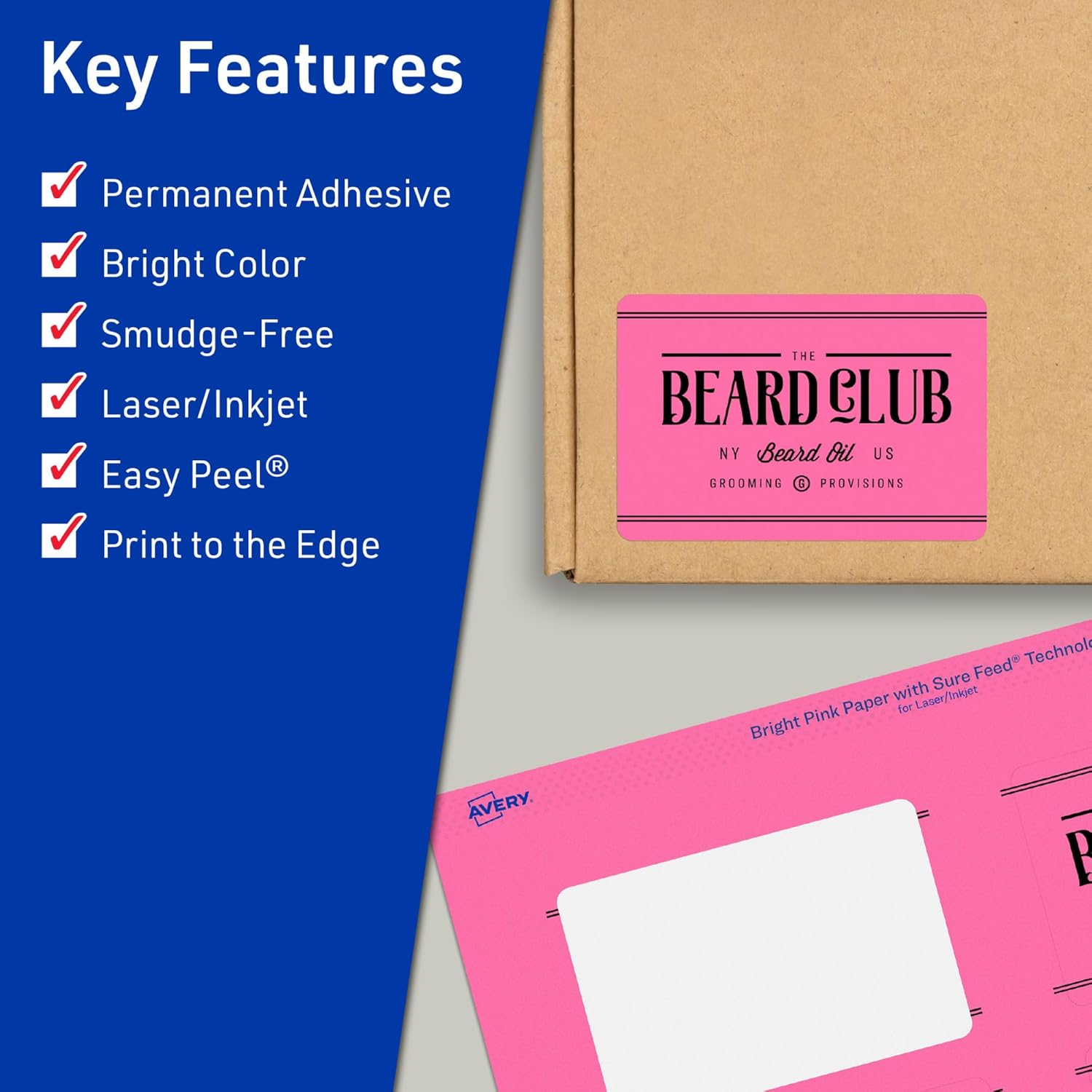 Avery Printable Rectangle Labels, Sure Feed Technology, 2" x 3", Bright Pink, Print-to-the-Edge, Laser/Inkjet Printable