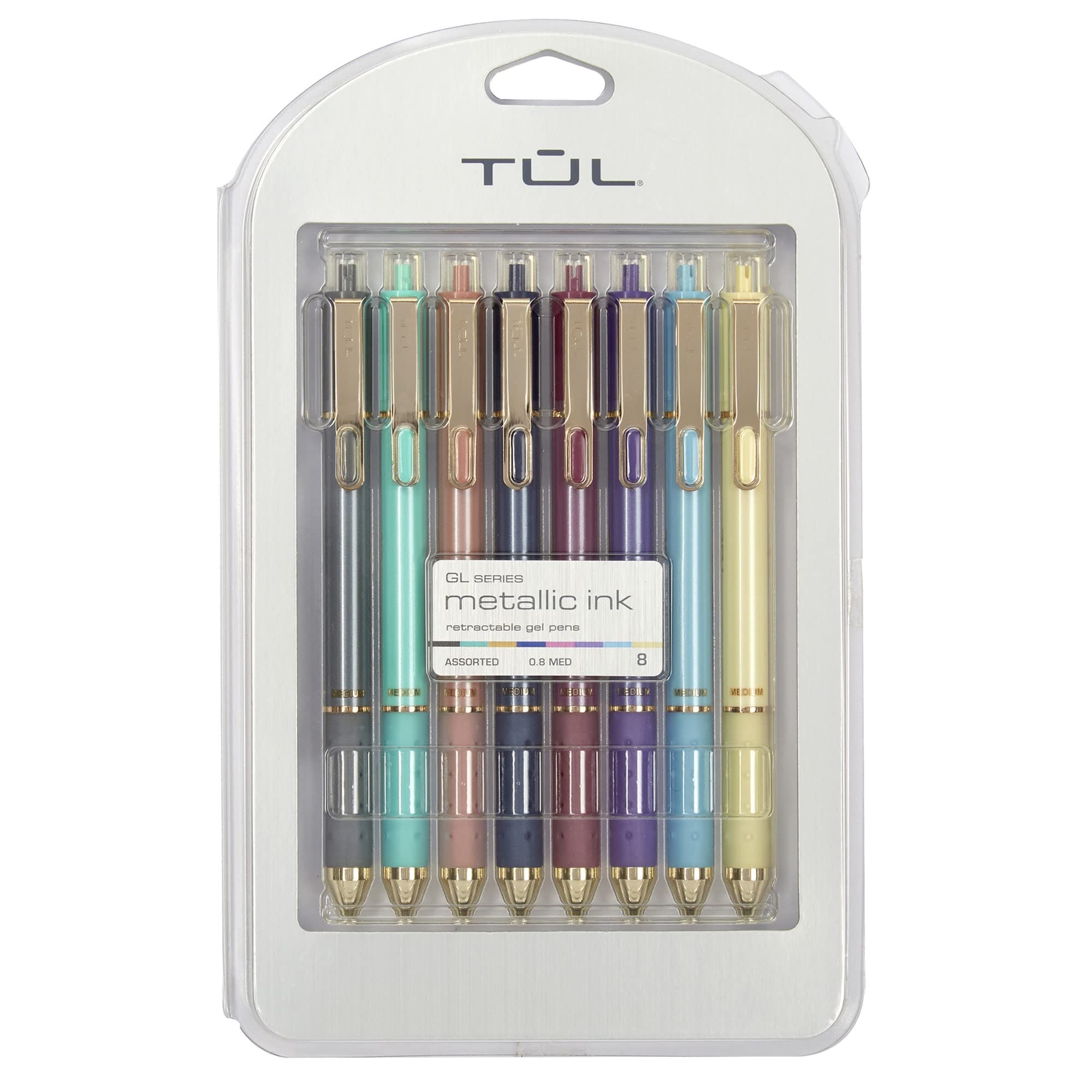 TUL® GL Series Retractable Gel Pens, Medium Point, 0.8 mm, Assorted Barrel Colors, Assorted Metallic Inks, Pack Of 8 Pens