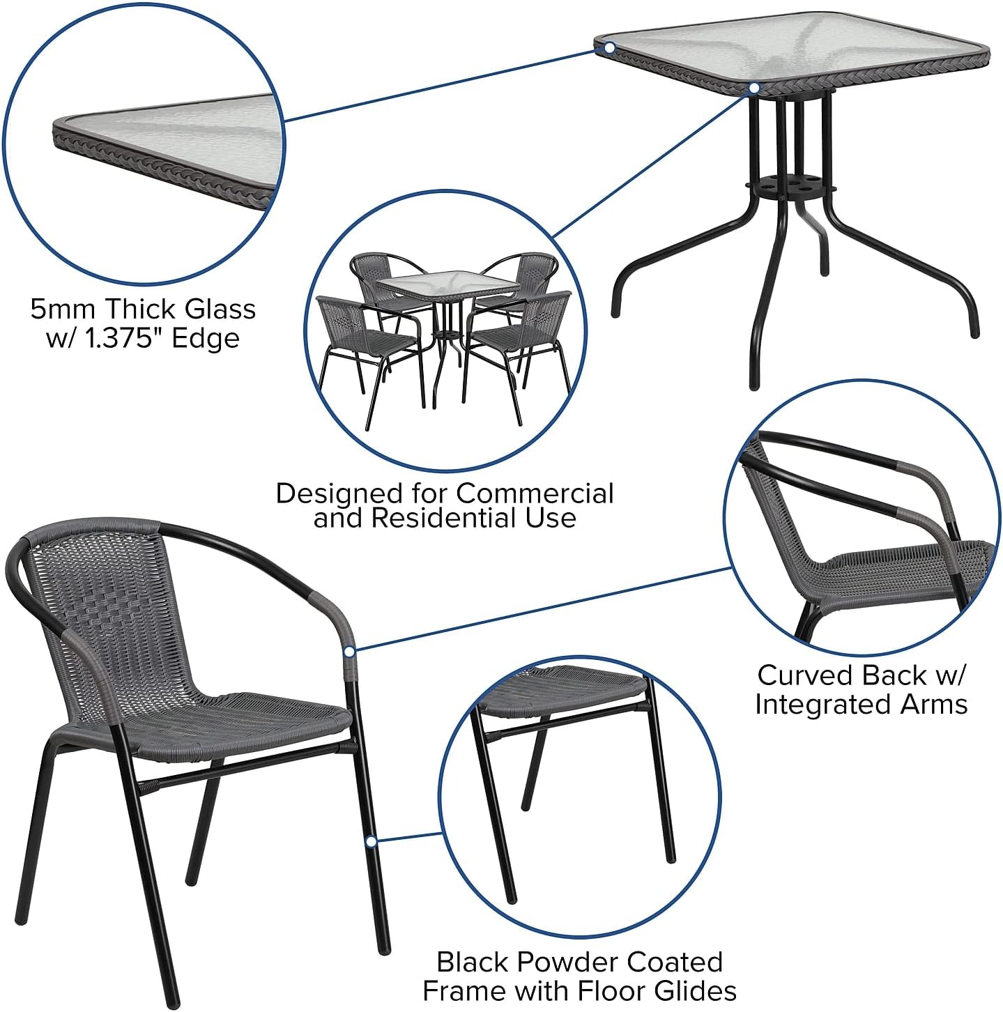 Flash Furniture 5-Piece 28in Square Indoor/Outdoor Patio Table and Chairs Set with Glass Metal Bistro Table and 4 Stackable