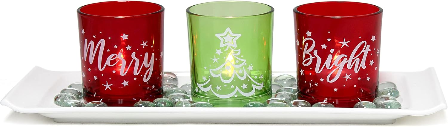 Elegant Designs HG5000-GAR Christmas Décor Winter Wonderland Decoration Glass Candle Set of 3 with Tray and Beads