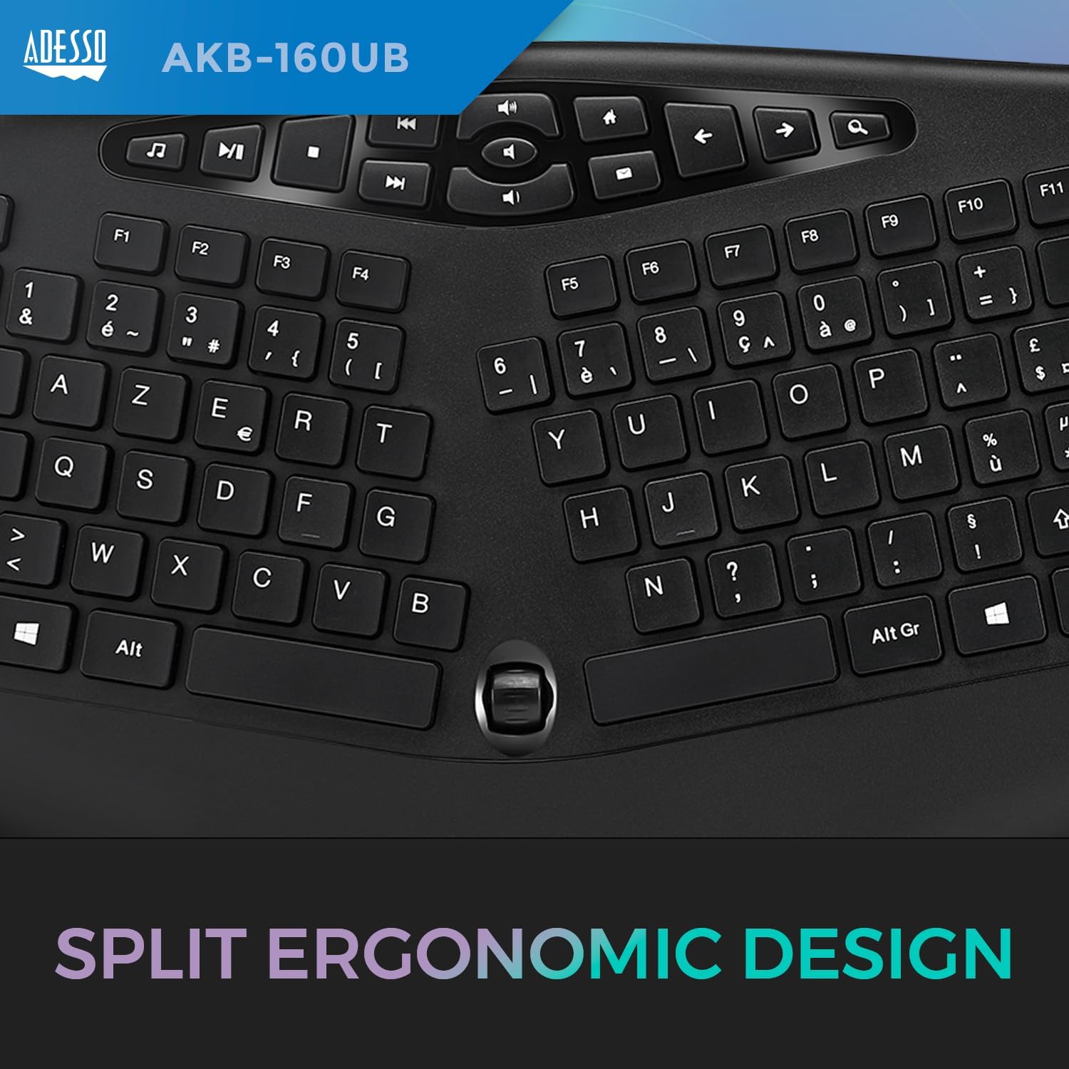 AKB-160UB Wired Ergonomic Keyboard with Integrated Palm Rest, Chiclet Keycaps, and Multimedia Hotkeys