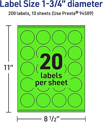 Avery Printable Round Labels, Sure Feed Technology, 1.75" Diameter, Neon Green, Print-to-The-Edge, Laser/Inkjet Printable
