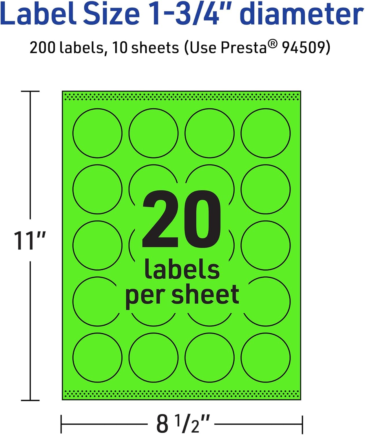 Avery Printable Round Labels, Sure Feed Technology, 1.75" Diameter, Neon Green, Print-to-The-Edge, Laser/Inkjet Printable