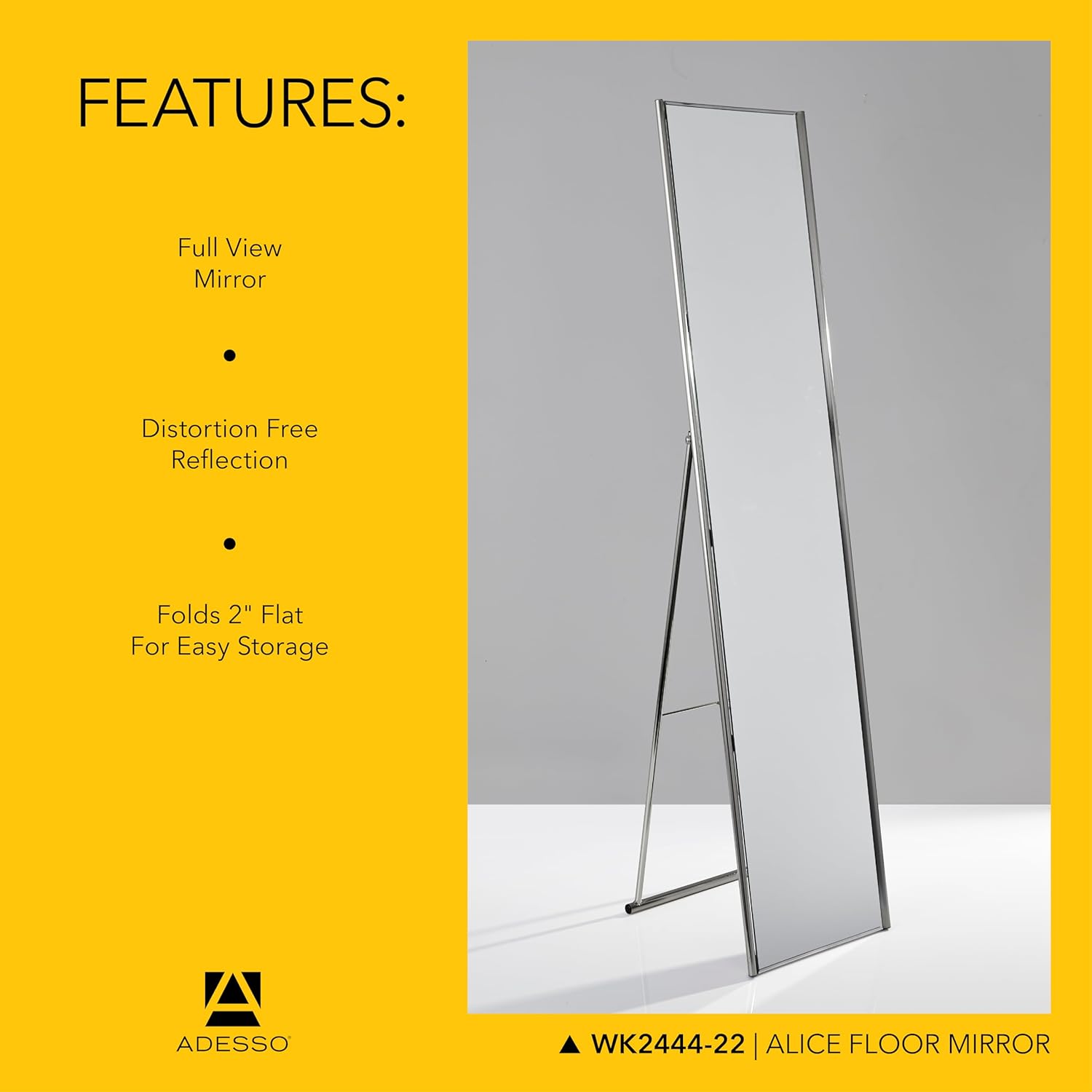 Adesso Alice Floor Mirror, Freestanding, Full Length Mirror with Foldable Kickstand, Lightweight, Brushed Steel Frame