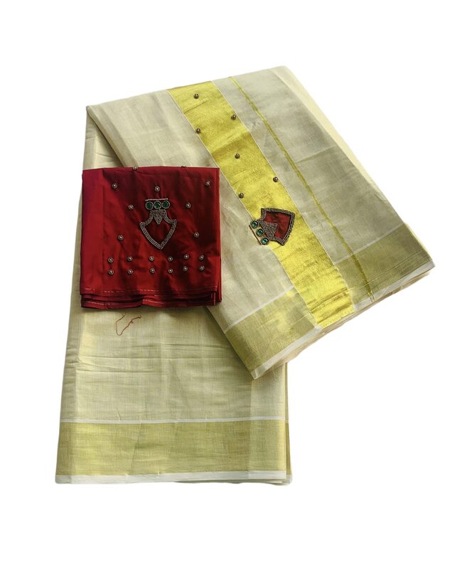 ALLUVY Kuthampully Kerala Kasavu Sarees For Women | Handcrafted Palakka Aari work Kerala Sarees | Tissue Onam Saree With Running Blouse | South Indian Sarees |EKM-676 (Maroon)
