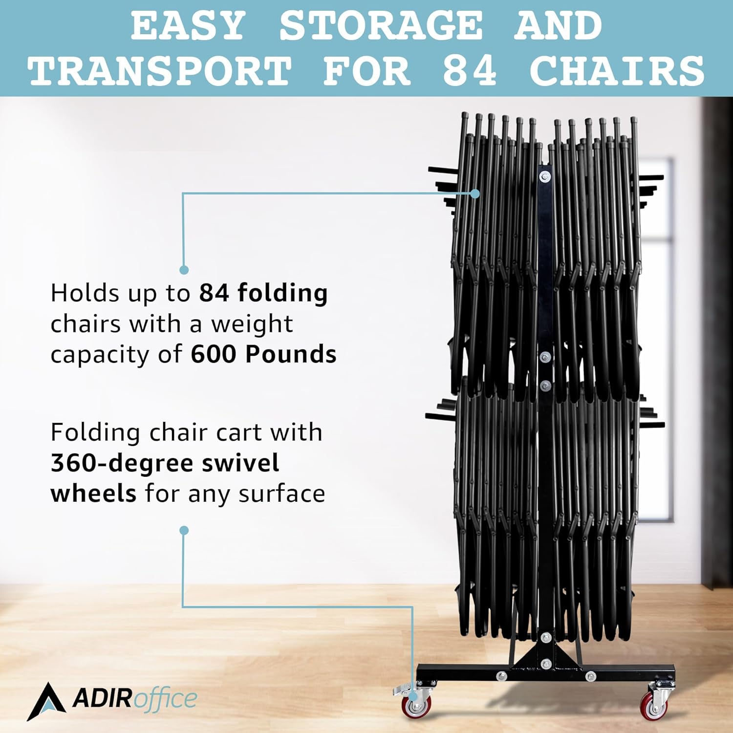 Alpine AdirOffice 1,000 Lb 2-Tier Steel Folding Chair Cart, 76-1/8inH x 67-3/4inW x 33-1/8inD, Black