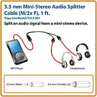 Tripp Lite 3.5mm Mini Stereo Cable adapter Y Splitter for Speakers and Headphones (M to 2x F) 1-ft.(P313-001)