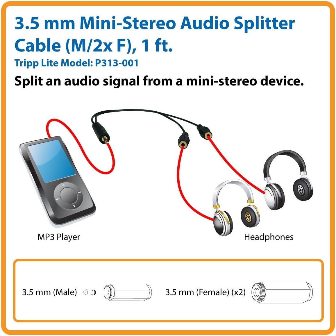 Tripp Lite 3.5mm Mini Stereo Cable adapter Y Splitter for Speakers and Headphones (M to 2x F) 1-ft.(P313-001)