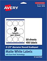 Avery Matte White Round Scalloped Labels, Sure Feed Technology, 2.5" Diameter