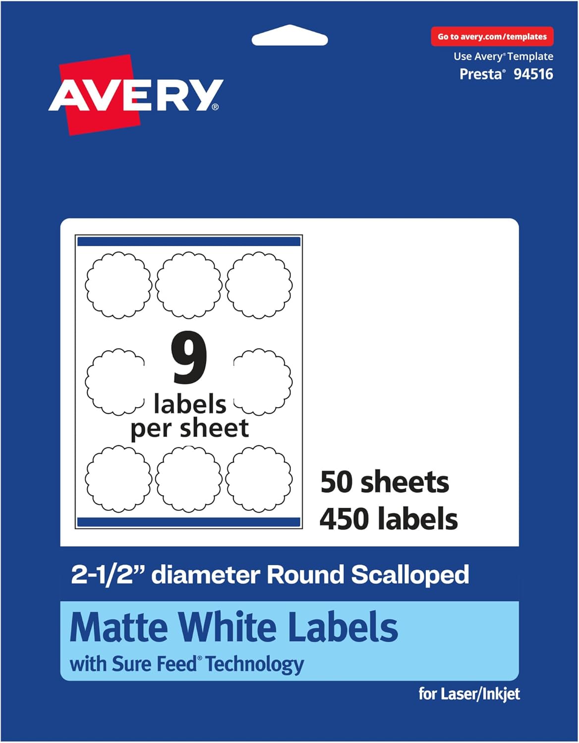 Avery Matte White Round Scalloped Labels, Sure Feed Technology, 2.5" Diameter