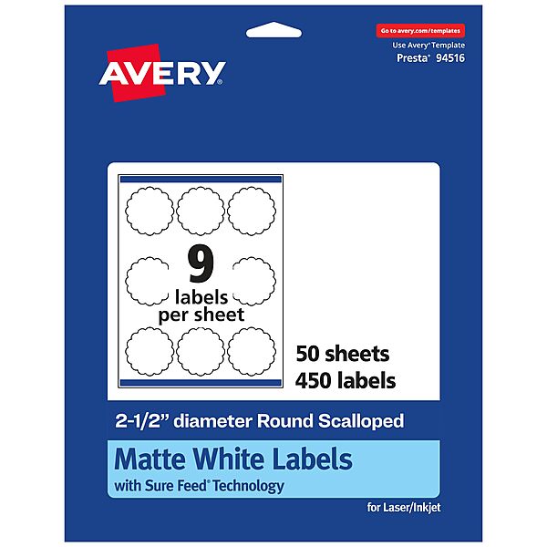 Avery Matte White Round Scalloped Labels, Sure Feed Technology, 2.5" Diameter