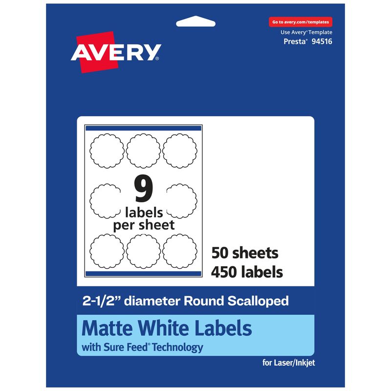 Avery Matte White Round Scalloped Labels, Sure Feed Technology, 2.5" Diameter