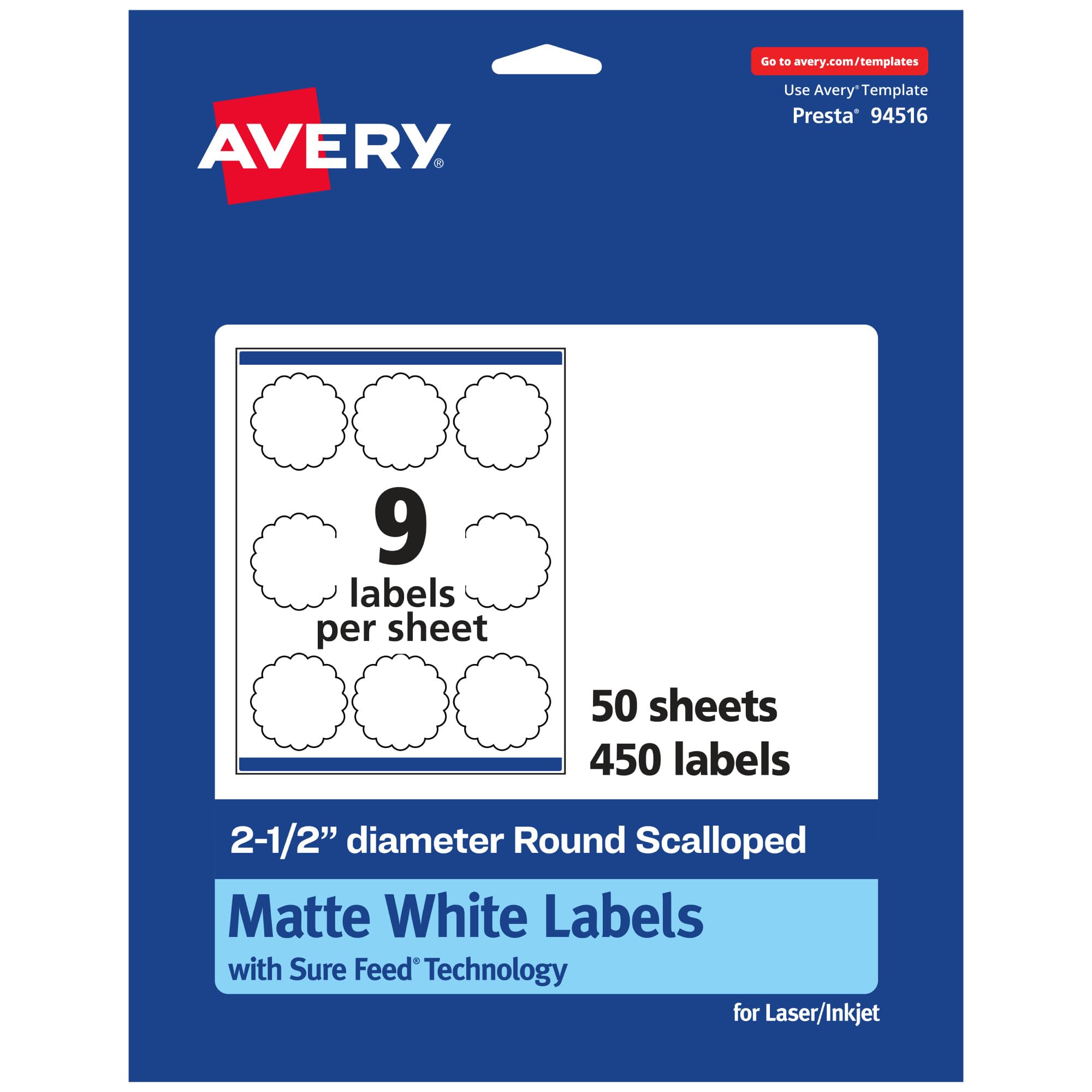 Avery Matte White Round Scalloped Labels, Sure Feed Technology, 2.5" Diameter