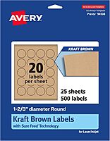Avery Kraft Brown Round Labels, Sure Feed Technology, 1-2/3" Diameter, Print-to-The-Edge, Laser/Inkjet Printable