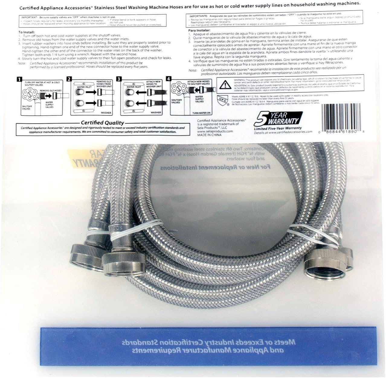 Certified Appliance Accessories Washing Machine Hoses (2 Pack), Hot and Cold Water Supply Lines, 6 Feet