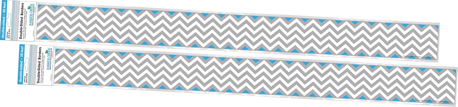 Barker Creek Double-Sided Border 2-Pack, Gray & Blue Chevron, Decorate Galore with 70' of Border