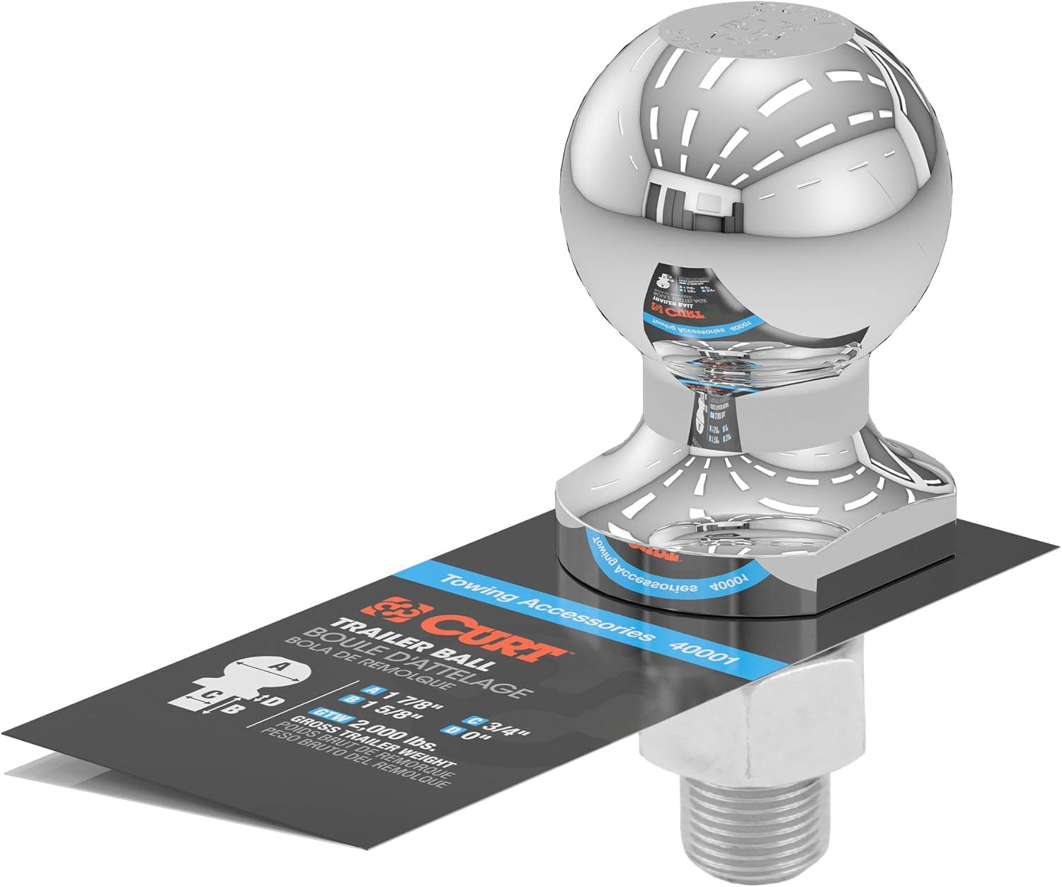CURT 40001 Chrome Trailer Hitch Ball, 2,000 lbs, 1-7/8-Inch Diameter, 3/4 x 1-5/8-Inch Shank, Silver