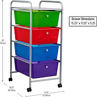 Mind Reader Rolling Cart with Drawers, Utility Cart, Craft Storage, Kitchen, Metal, 12.75"L x 15.25"W x 30"H, Multi-color