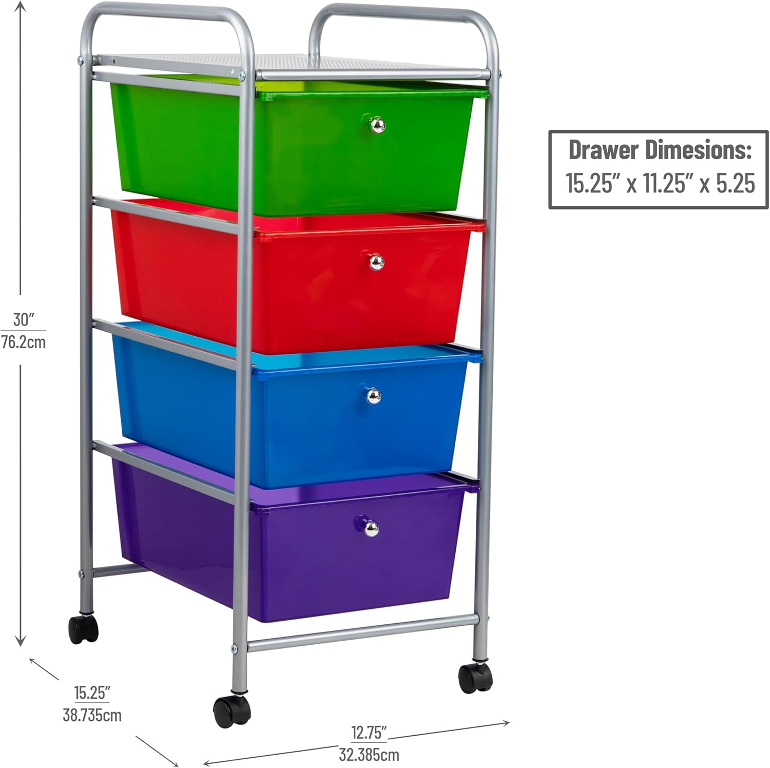Mind Reader Rolling Cart with Drawers, Utility Cart, Craft Storage, Kitchen, Metal, 12.75"L x 15.25"W x 30"H, Multi-color