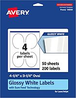 Avery Glossy White Oval Labels, Sure Feed Technology, 4.25" x 3.25"