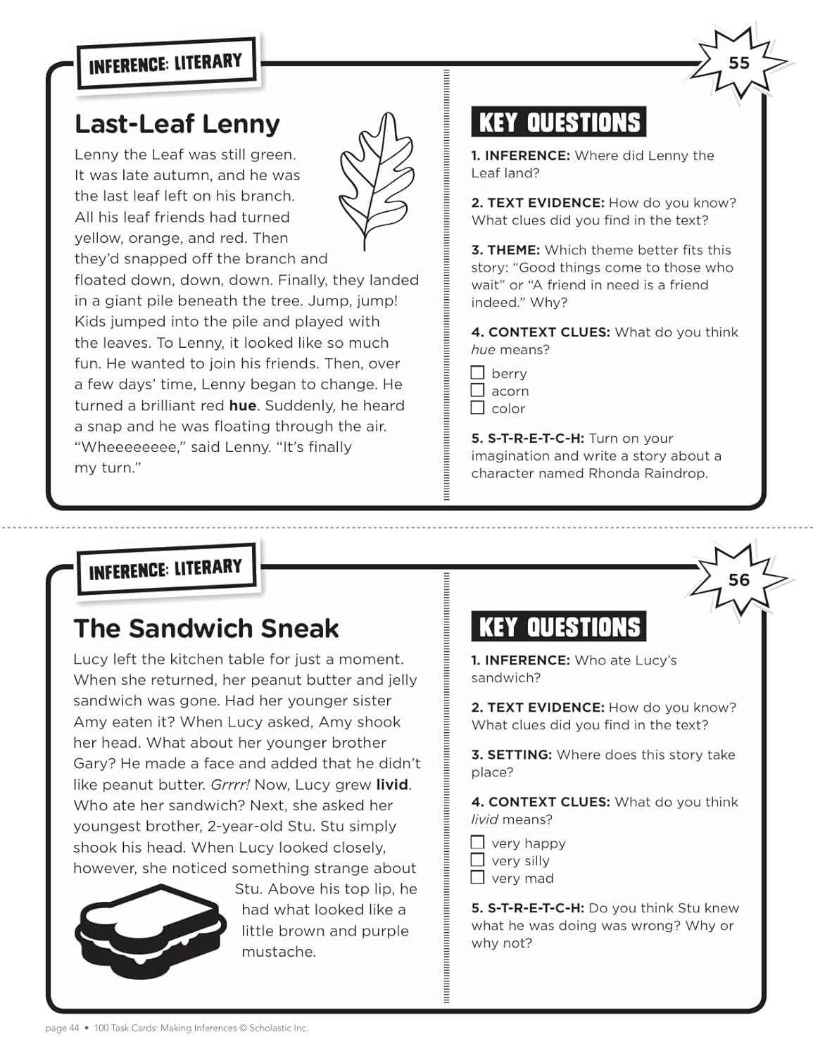 100 Task Cards: Making Inferences: Reproducible Mini-Passages With Key Questions to Boost Reading Comprehension Skills