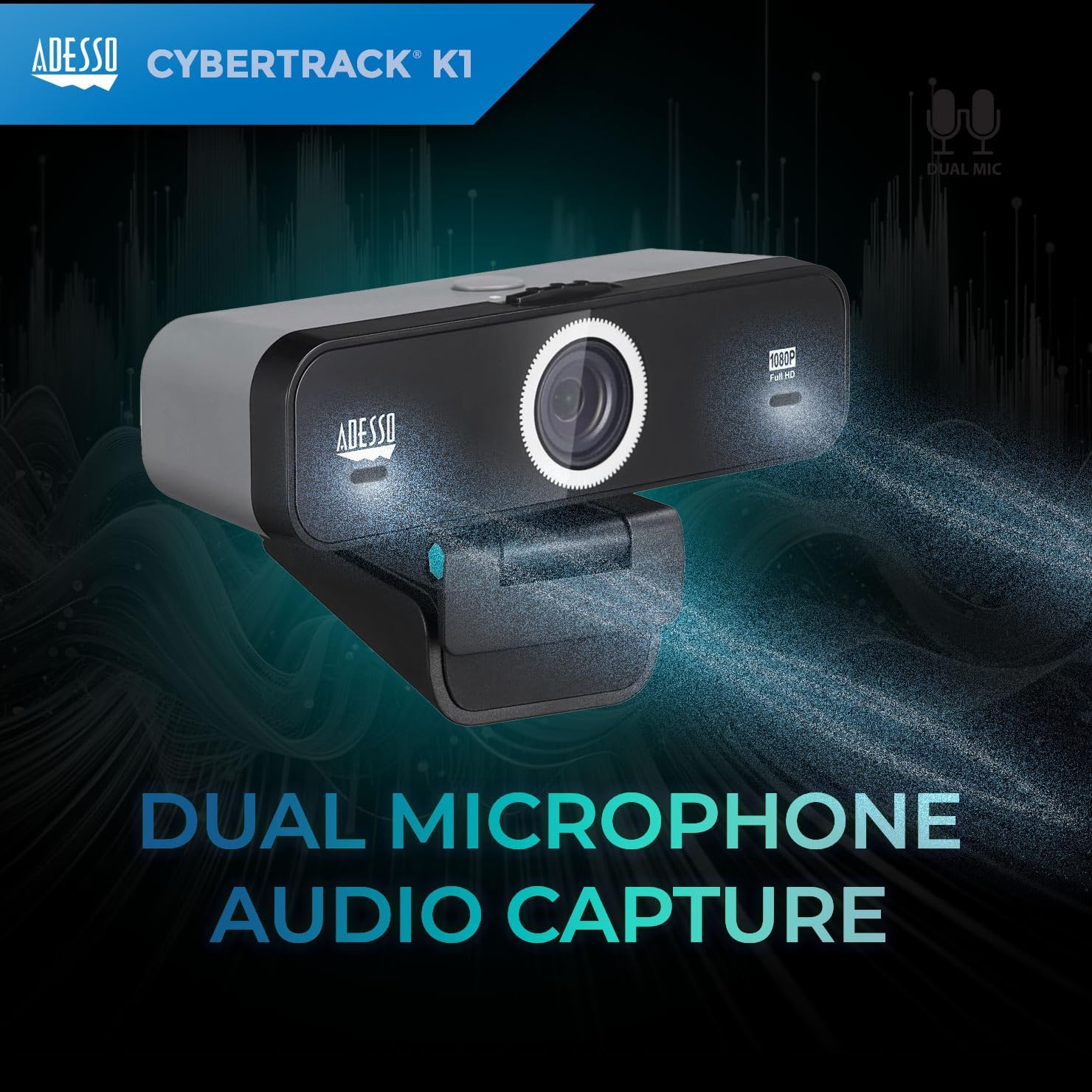 CyberTrack K1 1080P Full HD Fixed Focus USB Webcam with Adjustable View Angle Built-in Dual Microphones, Privacy Shutter