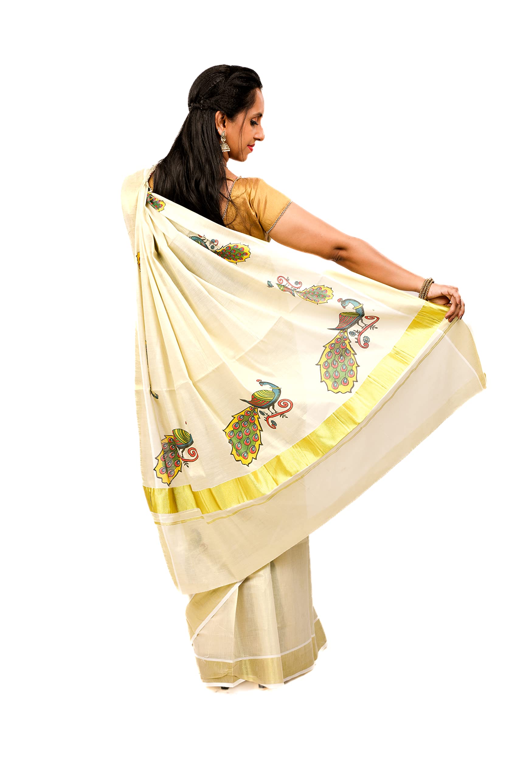 Kuthampully Women's Kasavu Tissue Cotton Saree With Running Blouse - Multi color KPSS-297