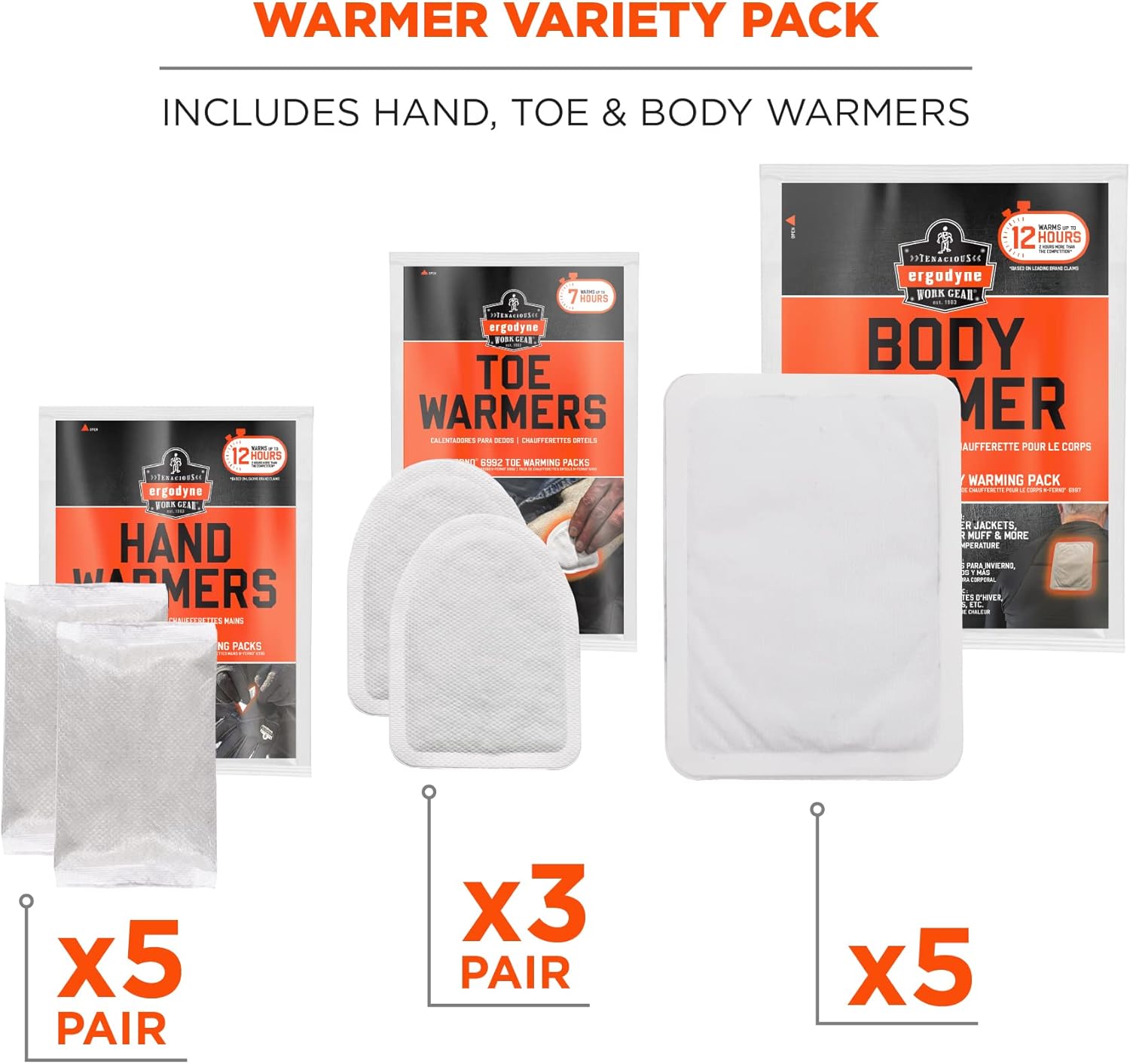 Ergodyne N-Ferno 6994 Adhesive Body, Toe, Hand Warmers Variety Pack, Disposable, Up to 12 Hours of Warming