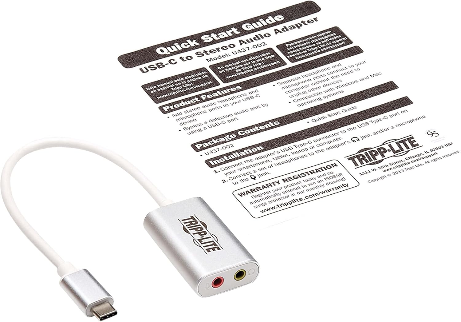 Tripp Lite USB C to 3.5mm Stero Audio Adapter for Microphone Headphones, Silver (U437-002)