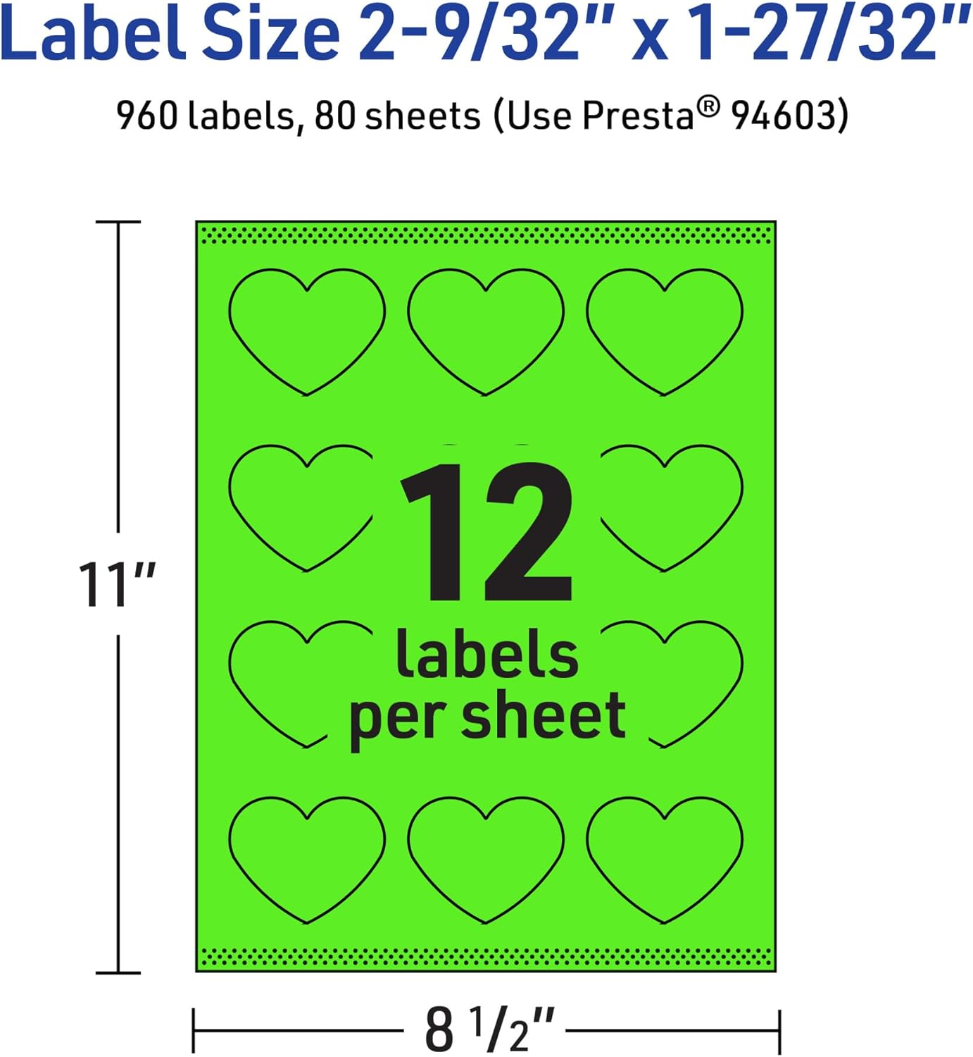 Avery Printable Heart Labels, Sure Feed Technology, 2-9/32 x 1-27/32, Neon Green, Print-to-The-Edge, Laser/Inkjet Compatible