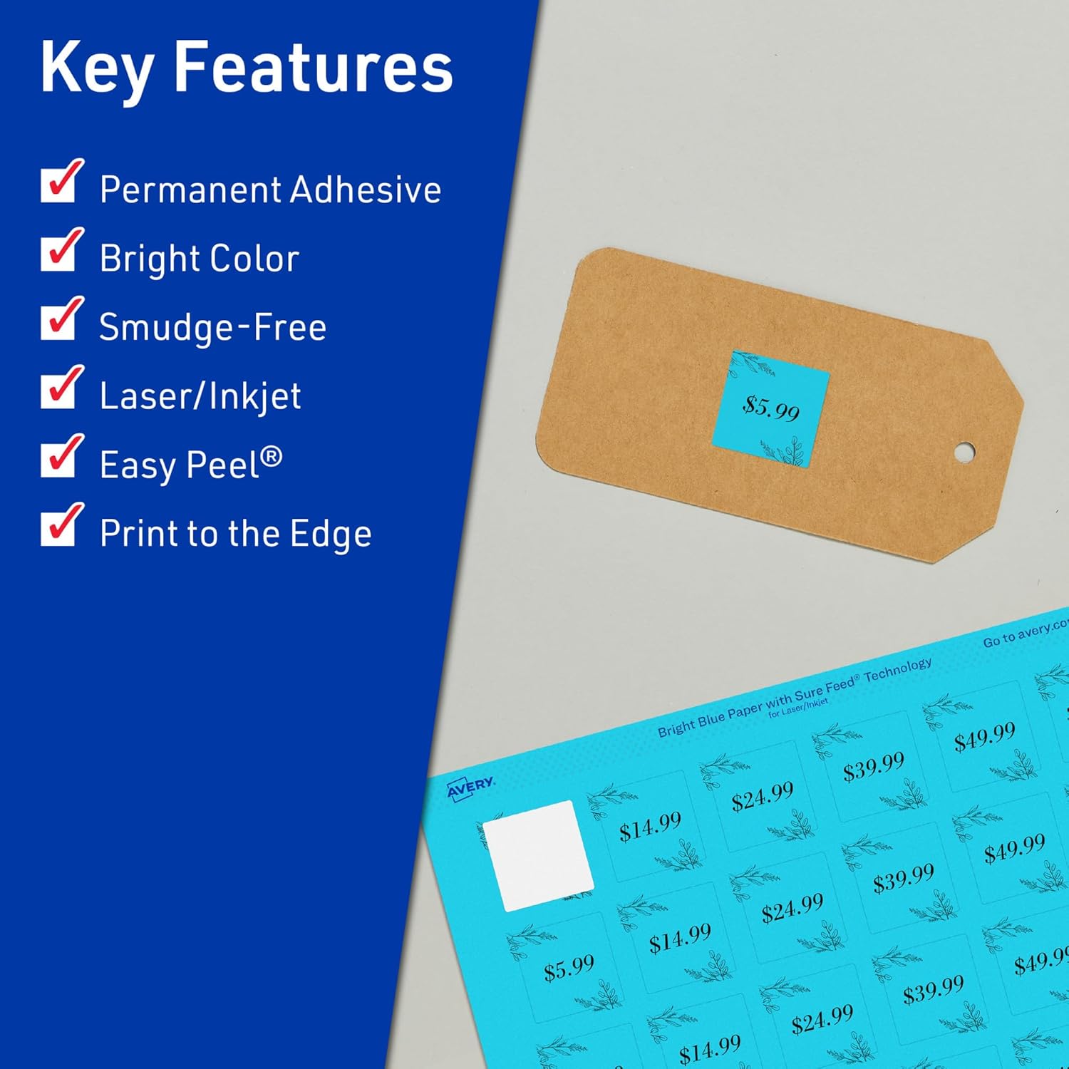 Avery Printable Square Labels, Sure Feed Technology, 1-1/2" x 1-1/2", Bright Blue, Print-to-The-Edge, Laser/Inkjet Printable