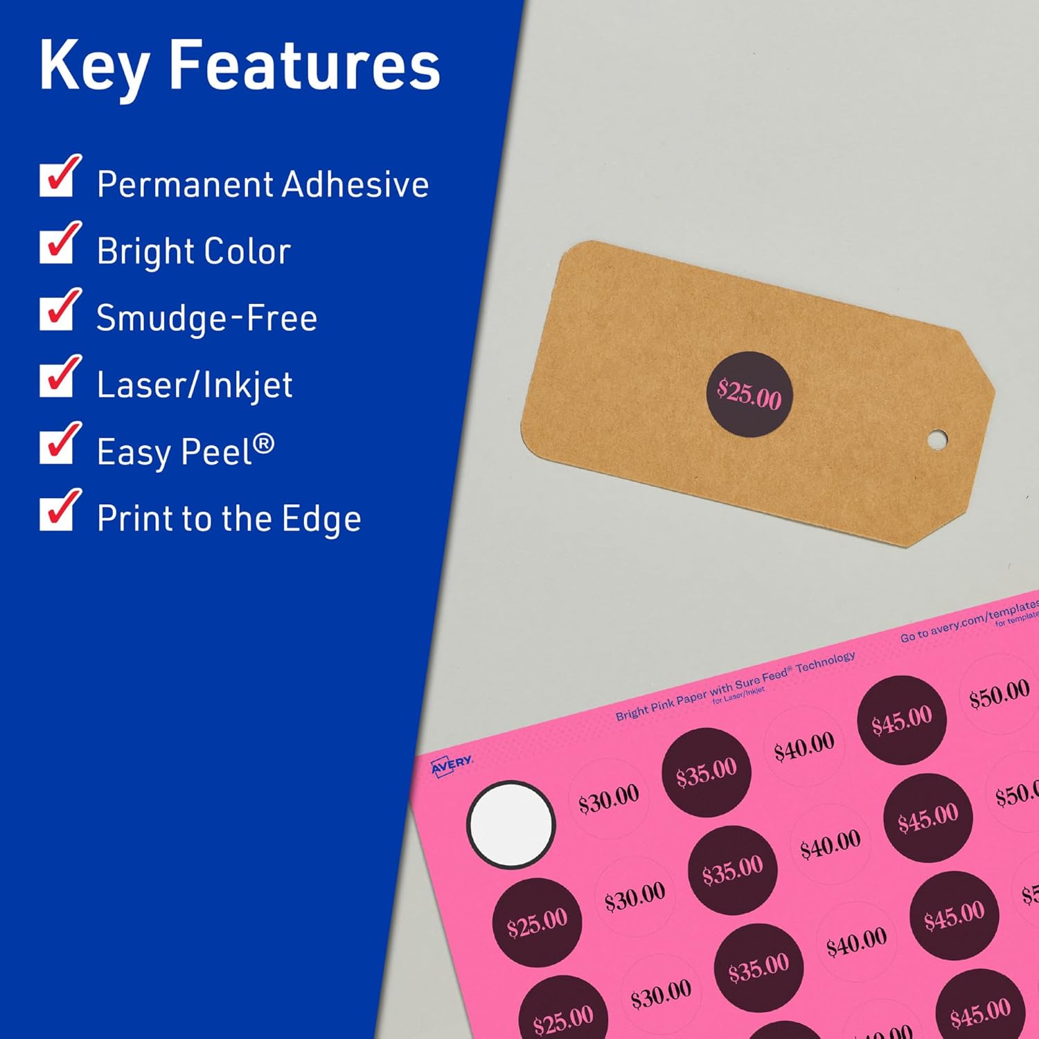 Avery Printable Round Labels, Sure Feed Technology, 1-1/4 in. Diameter, Bright Pink, Print-to-The-Edge, Laser/Inkjet