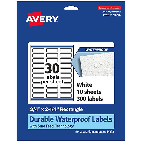 Avery Durable Waterproof Rectangle Labels, Sure Feed Technology, 0.75" x 2.25"