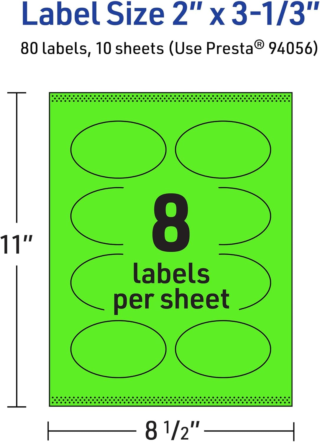AVERY Neon Green Oval Labels, Sure Feed Technology, 2" x 3-1/3", Print-to-the-Edge, Laser/Inkjet