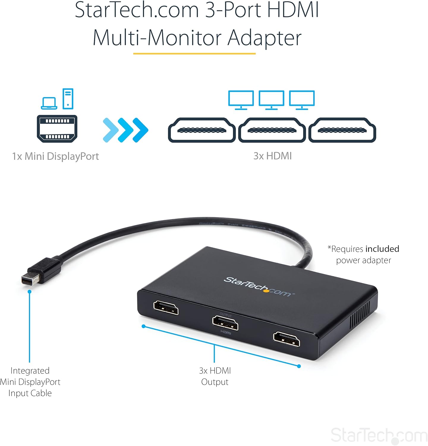StarTech.com 3-Port Multi Monitor Adapter - Mini DisplayPort to HDMI MST Hub - Triple 1080p/Dual 4K 30Hz