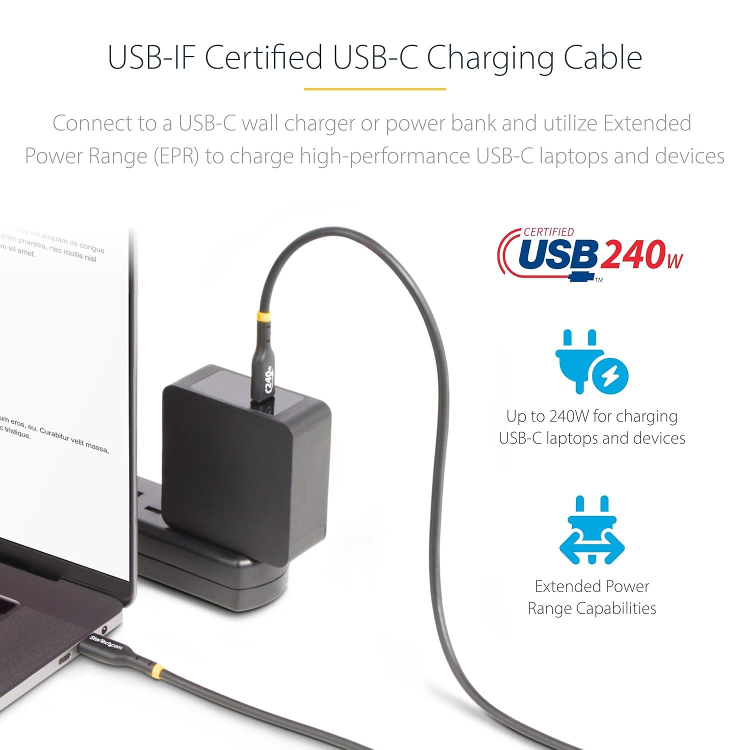 StarTech.com USB-C Charging Cable, USB-IF Certified, 240W PD 3.1 EPR