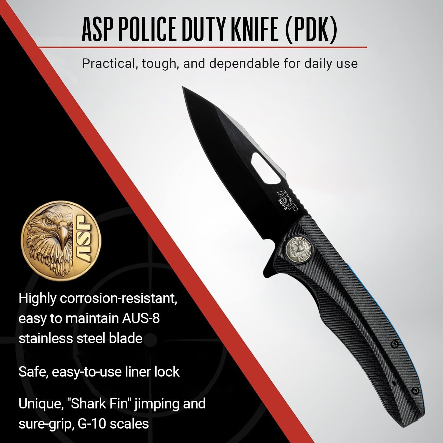 ASP Police Duty Knife (PDK) Slim Folder, AUS-8 Drop Point Folding Knife