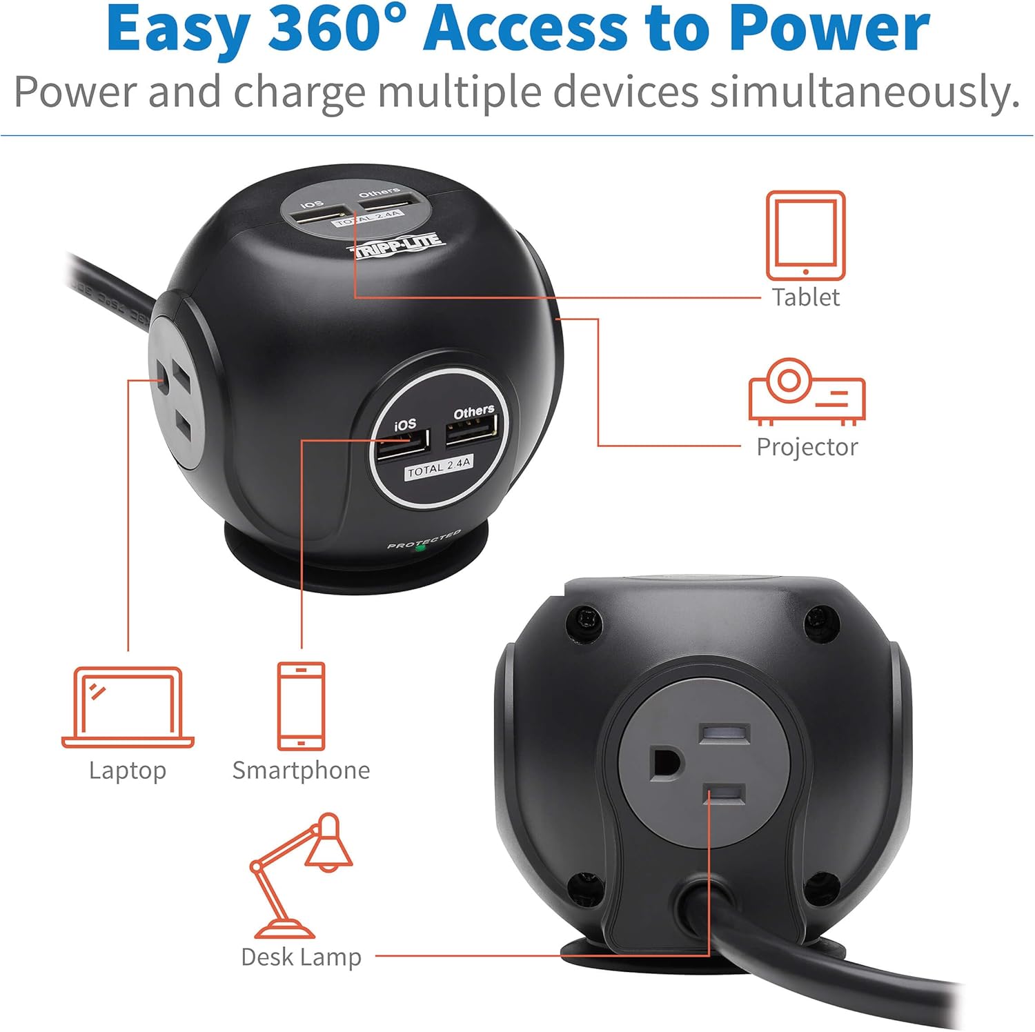 Tripp Lite Surge Protector 3-Outlet Spherical Surge Protector, 4 USB Ports (4.8A Shared) - 6-ft. (1.83 m) Cord, 5-15P Plug