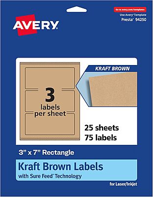 Avery Kraft Brown Rectangle Labels, Sure Feed Technology, 3" x 7", Print-to-The-Edge, Laser/Inkjet Printable