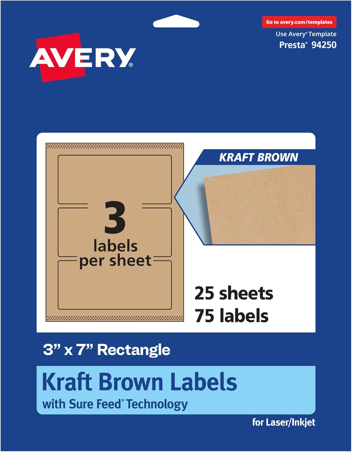 Avery Kraft Brown Rectangle Labels, Sure Feed Technology, 3" x 7", Print-to-The-Edge, Laser/Inkjet Printable