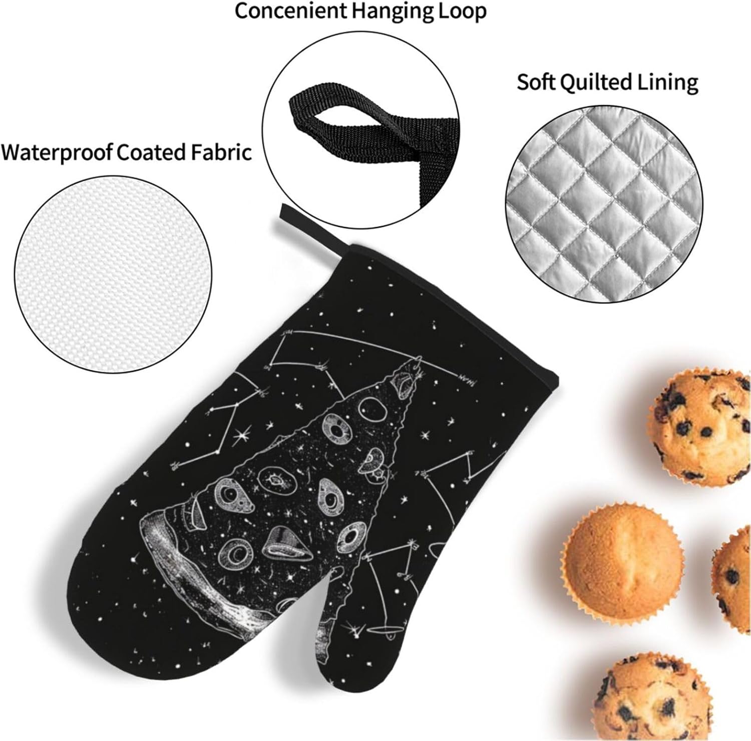 Pizza Constellation Oven Mitts and Pot Holders Set of 4 - Heat Resistant, Waterproof Fabric - Ideal for Kitchen, Baking