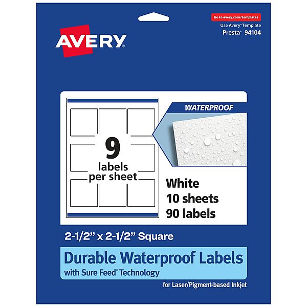 AVERY Durable Waterproof Square Labels, Sure Feed Technology, 2.5 in x 2.5 in